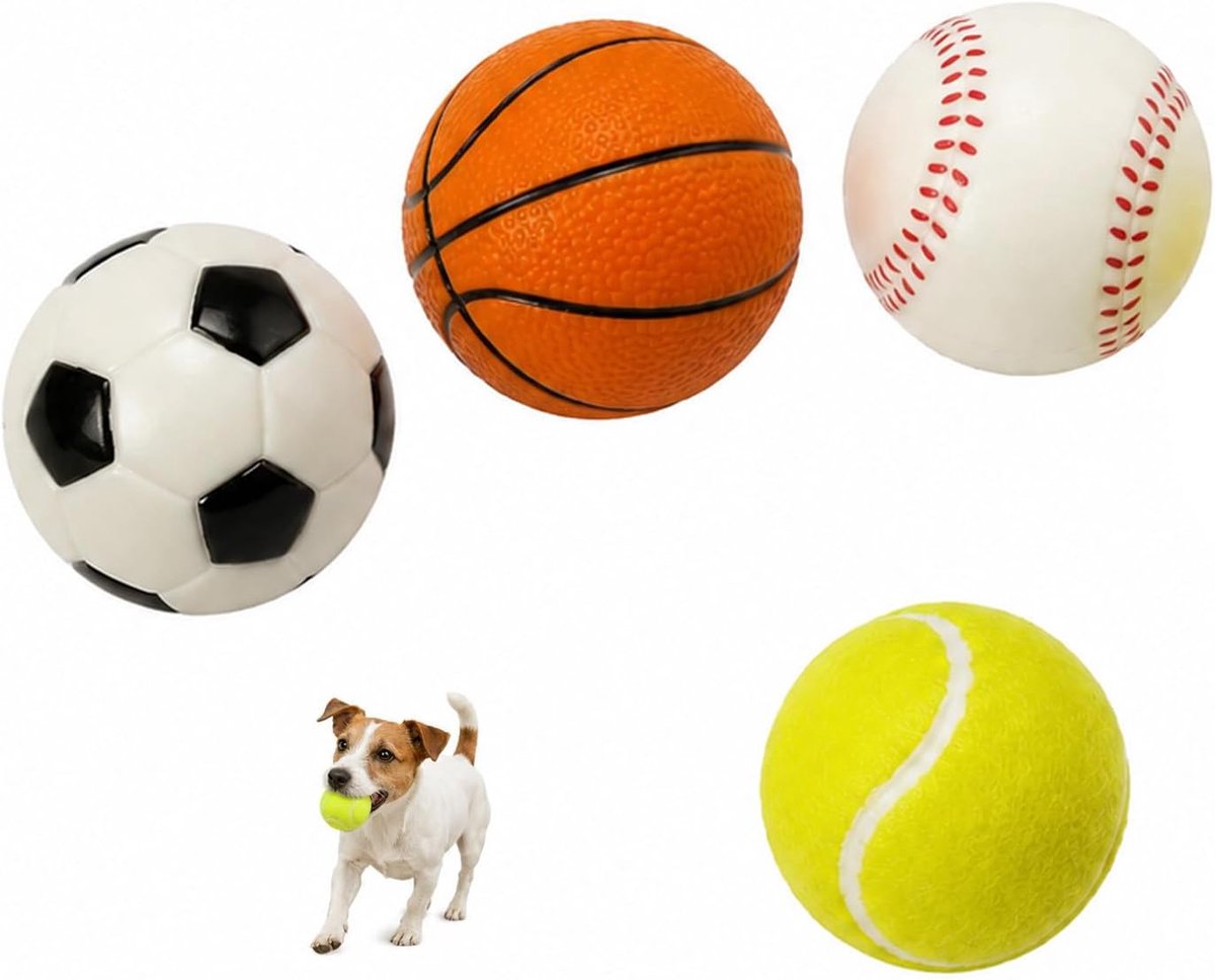 Bal voor honden, set van 4 interactieve pluche ballen, simulatie van voetbal, basketbal, honkbal en tennis, ideaal voor kleine en grote honden