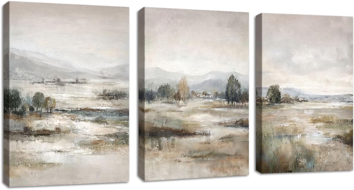 3 stuks abstracte mist platteland canvas muurkunst prints, blauw beige bergen landschap ingelijste muurfoto's vintage rust moeras canvas schilderij woondecoratie voor slaapkamer woonkamer 40 x 60 cm x