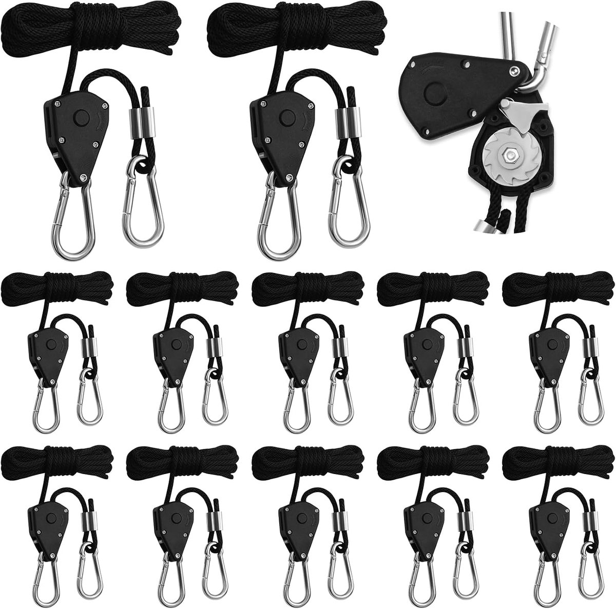 Ratelhangers, Kabelratel met Haken, 1/8 Inch Verstelbare Kabelhanger, 2M Touwratel met Haken, Windbestendige Ratelkabel met Draagkracht van 68 kg voor Plantenlampen en Tenten
