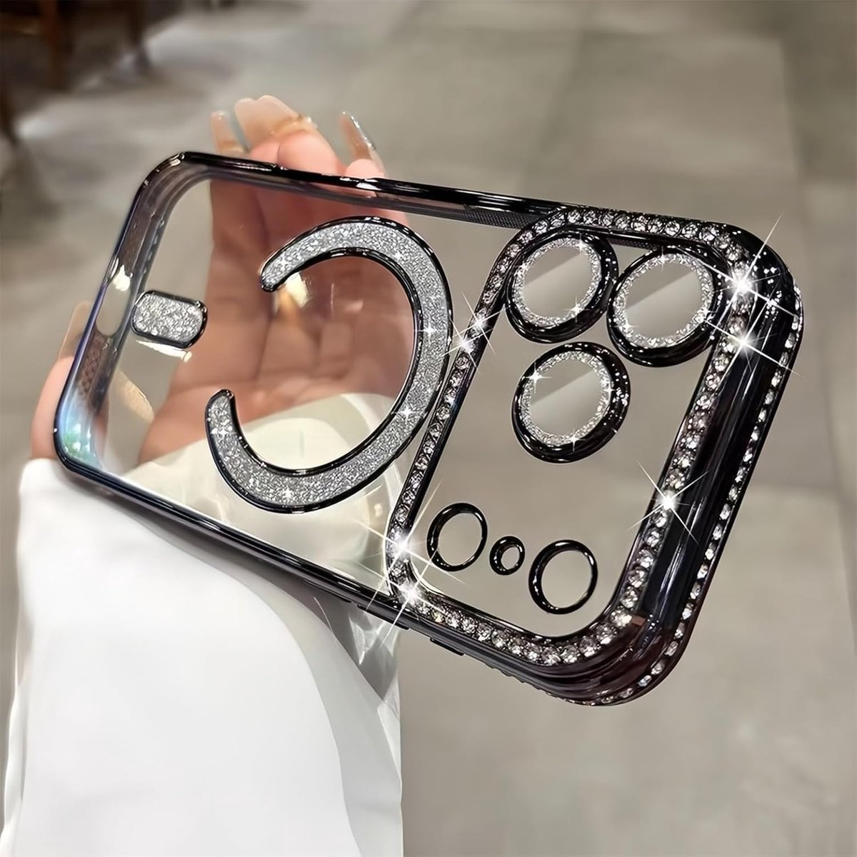 Beschermhoes voor iPhone, magnetisch, transparant, met pailletten, compatibel met MagSafe, luxe diamant glitter, zachte beschermhoes, TPU, krasbestendig en schokbestendig, camerabescherming