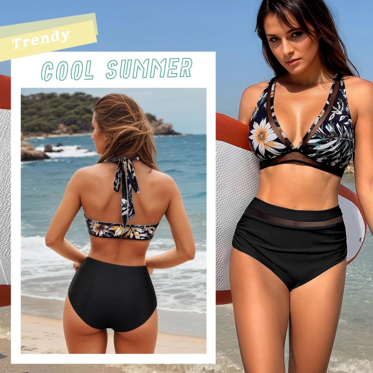 Sets voor dames, hoge taille, 2-delig, push-up-badpak, met zachte bekleding, tweedelig, V-hals, buikcontrole, strandbikini, zomer, buik-weg