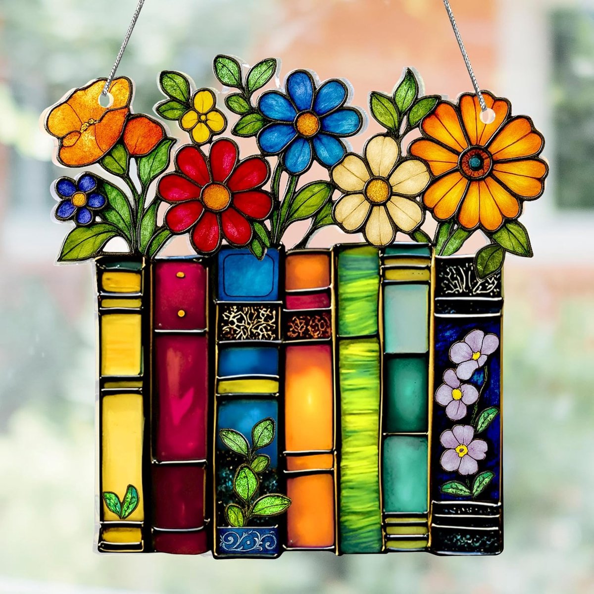 Gekleurd glas, zonnevanger, raamdecoratie, acryl boekencadeau, geschikt voor bibliothecares, lezers, boekenliefhebbers, cadeaus voor vrouwen, lerarencadeau (bloemenstandaard)