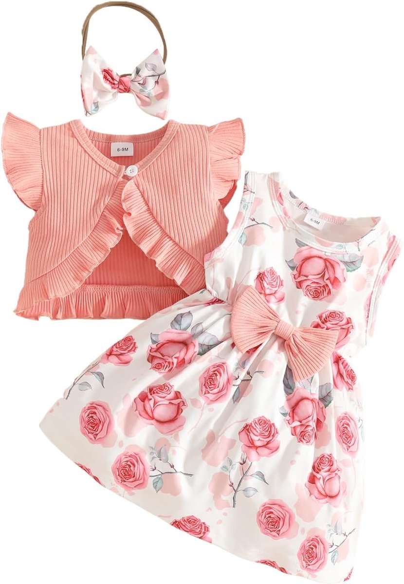 Jurk voor kleine meisjes met ruches, cardigan, tops, vlinders, bloemen, geruit, jurken, zomer, babymeisjes, kleding