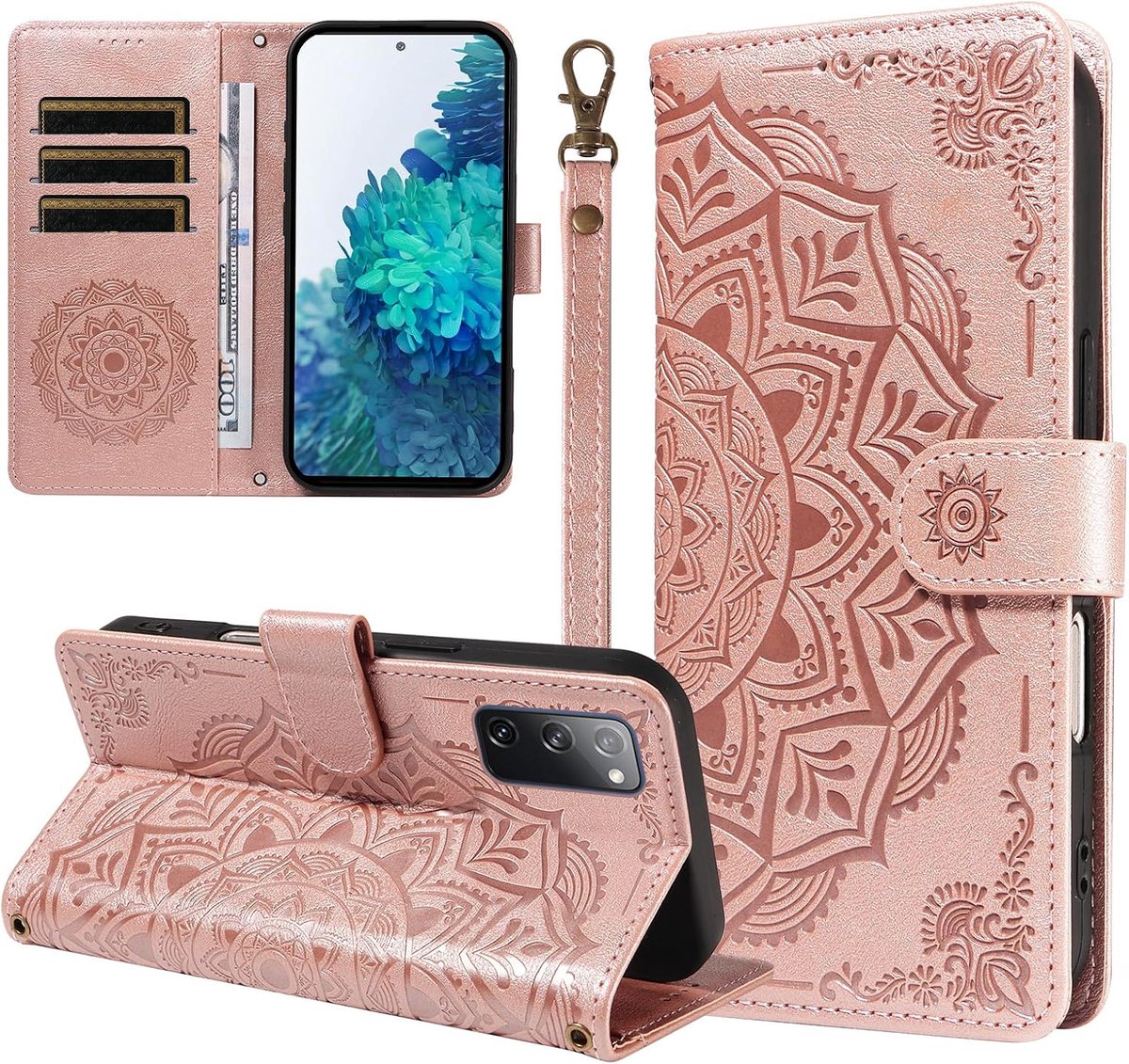 Hoesje voor Samsung Galaxy S20 FE, PU Telefoonhoesjes met Kaartsleuven, Beschermhoesje voor para Galaxy S20 FE, Rozengoud
