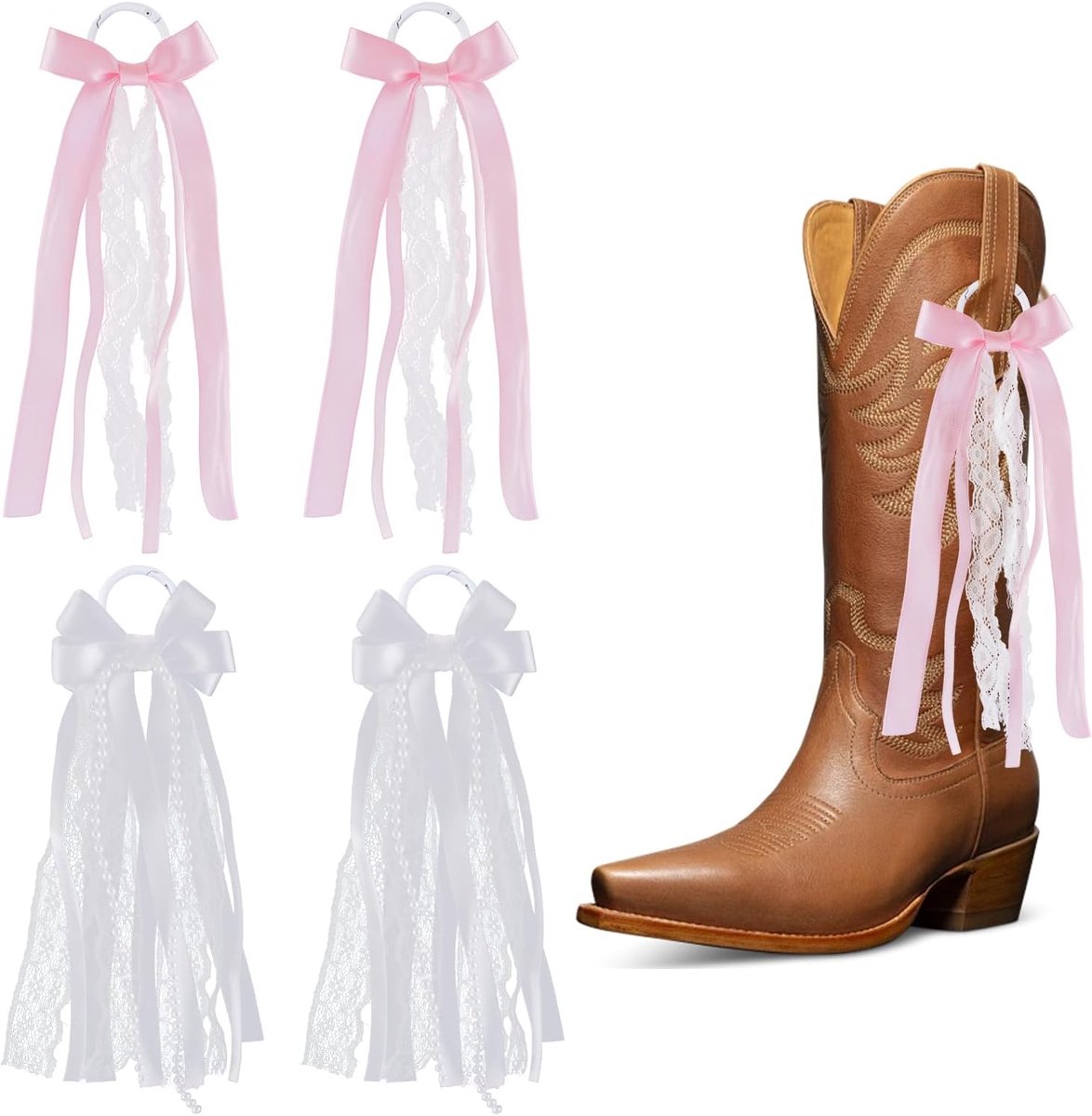 Boog voor Cowgirl, 2 paar roze en witte kanten strikken clip laarzen accessoires afneembare schoen bedels voor vrouwen DIY schoen accessoire