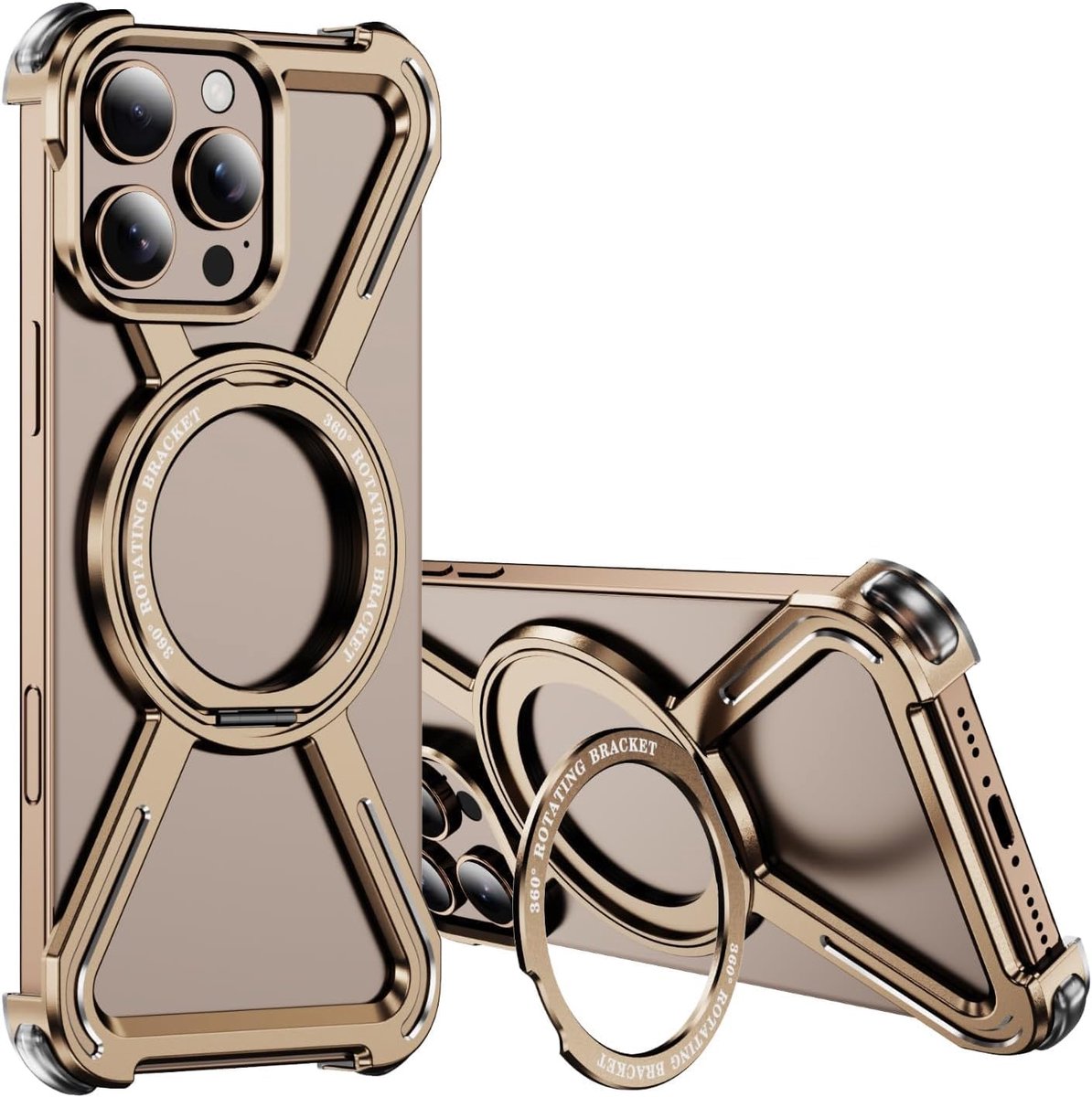 Skelethoesje voor iPhone 13 Pro Max, militaire bescherming, magnetische 360° draairing, standaard, compatibel met MagSafe Titanium schokbestendige bumperhoes voor iPhone 13 Pro Max, goud