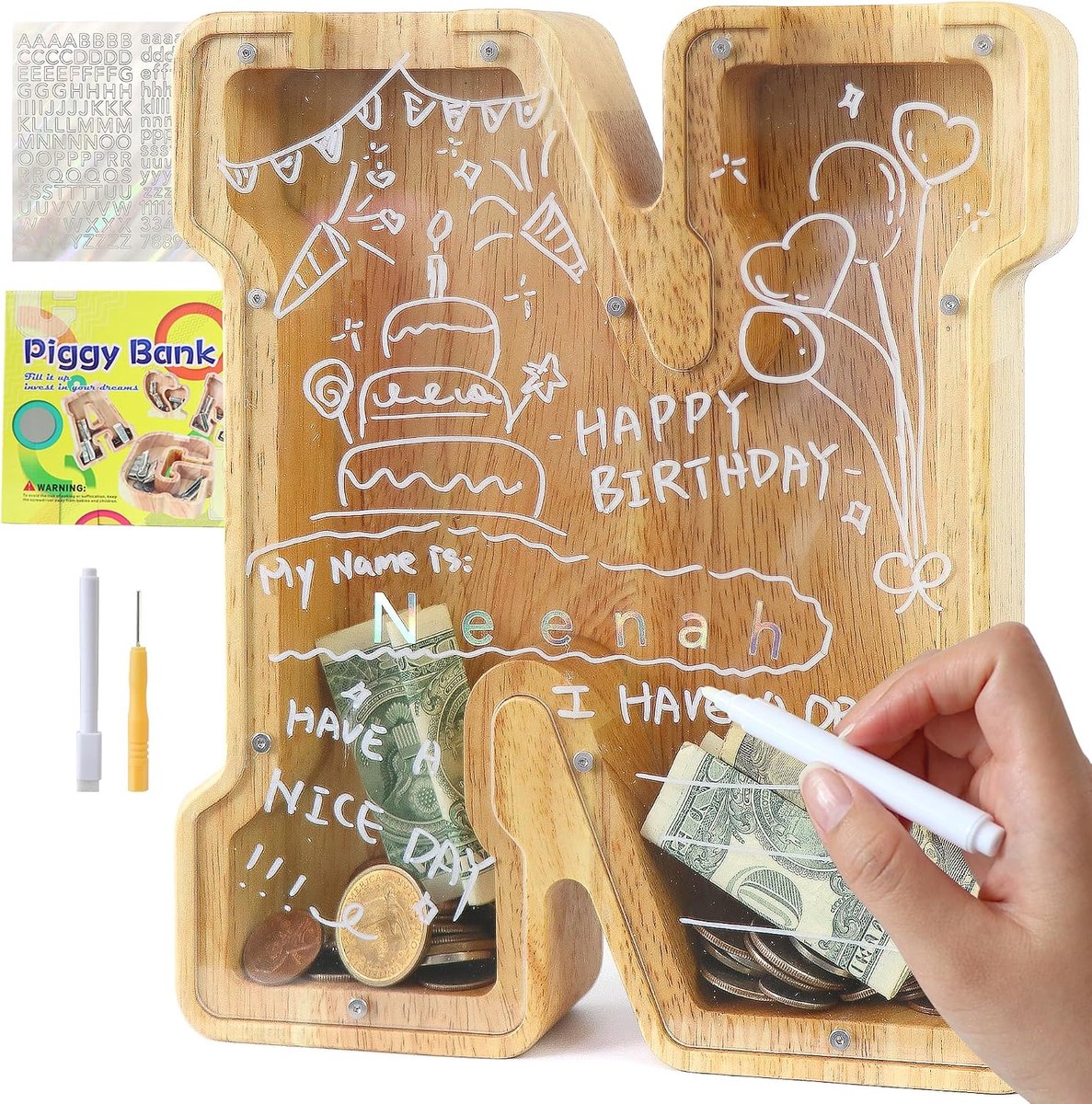 Spaarpot voor kinderen, jongens, meisjes, spaarvarken, kinderen, spaarpot, gepersonaliseerd, doorzichtig, letters, hout, A-Z, met doelbereik, stickers en marker, doop, cadeau, decoratie (N)