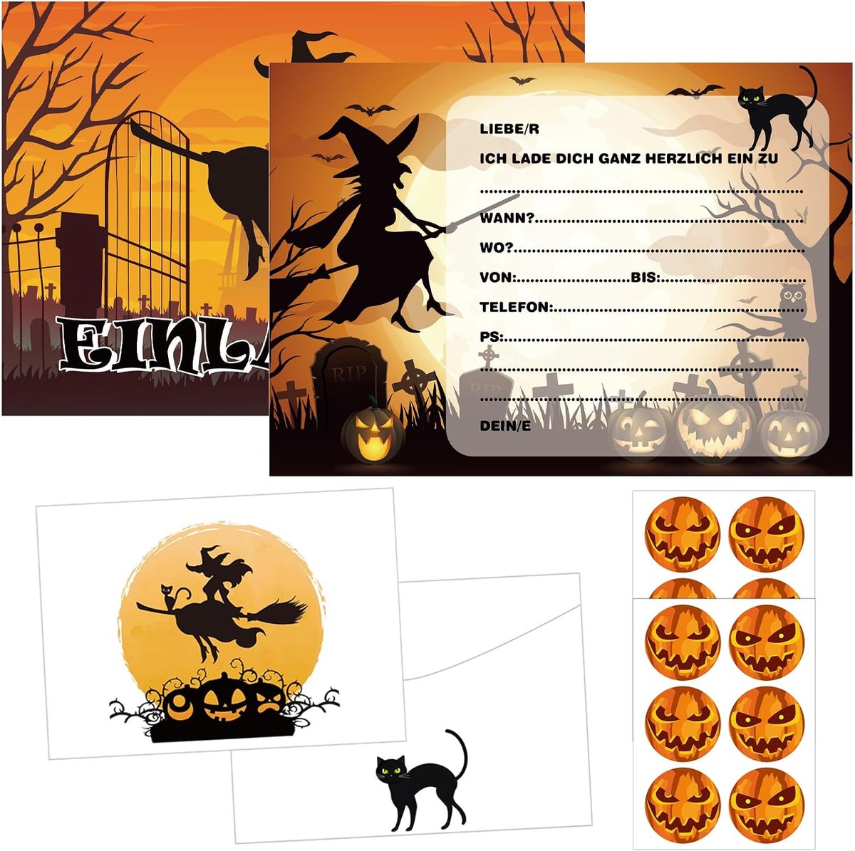 Uitnodigingskaarten voor Halloween, 12 stuks, Halloween-feestaccessoires, Halloween-wenskaarten met enveloppen en Halloween-stickers, uitnodiging voor griezelfeest, kinderverjaardag (A)