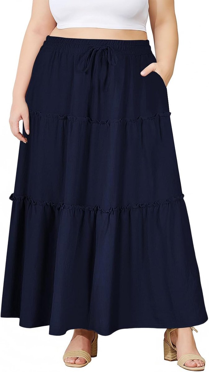 Wood Maxi Rok Dames Lang Stretch Hoge Taille Lange Basic Zomerrok Skirts met Zakken Grote Maten