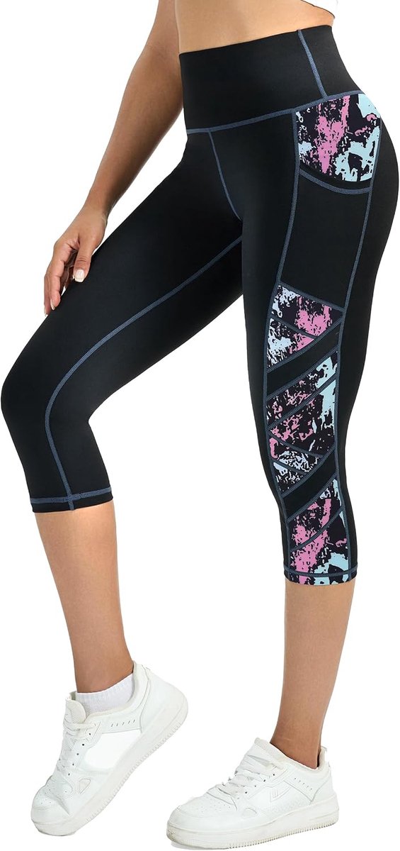 Sportlegging voor dames, hoge taille, elastische sportbroek voor dames, buikweg, sportlegging voor dames, lang, slim fit, sportbroek voor dames, 3/4, leggings met zakken, 3/4 leggings voor dames