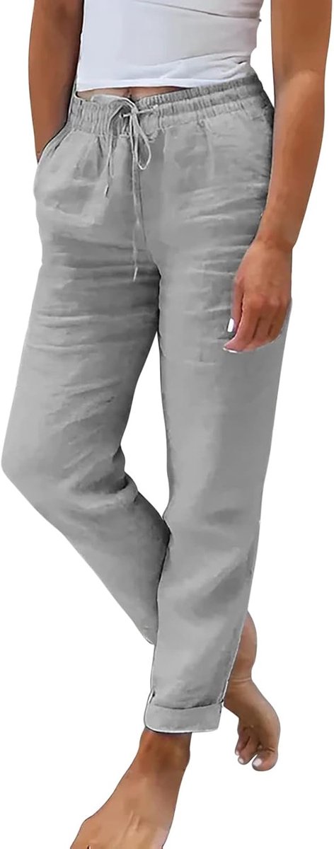 Leinenhose Damen Sommer 7/8 Musselin Hose Weiß Baumwolle Leinen Stoffhose Leicht Sommerhose Einfarbig Strandhose Elastische Taille Caprihose Stretch Haremshose Elegante Locker Freizeithose mit Taschen