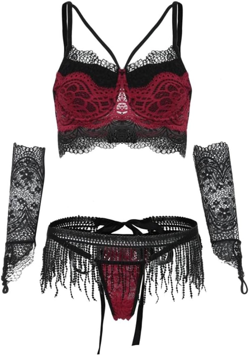 lingerie & ondergoed Dames Lingerie Set Gehaakt ondergoed met rok en handschoenen Pyjama's Sleepwear-Negro_M