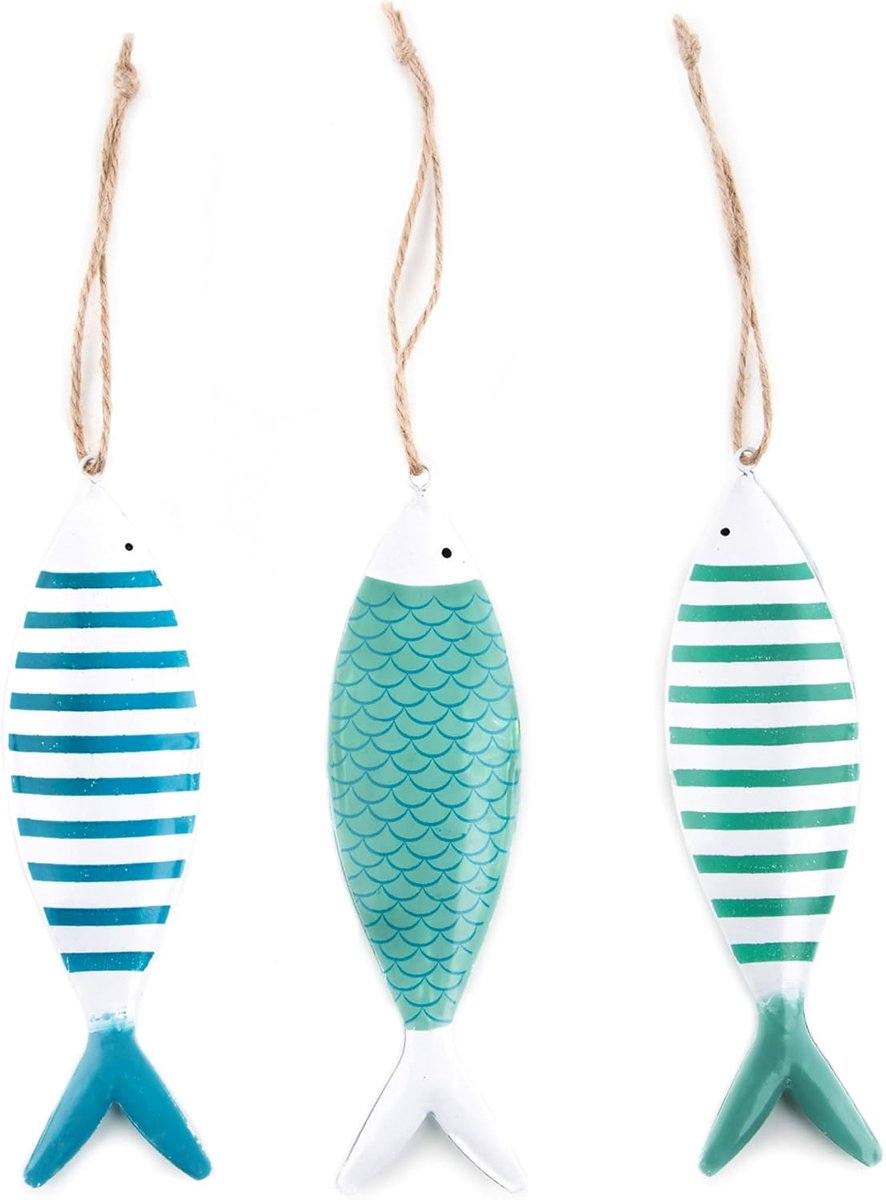 3 vishangers 15 cm blauw turquoise wit op metaal - decoratieve vishanger maritiem als give-away gastgeschenk cadeauhanger communie doop
