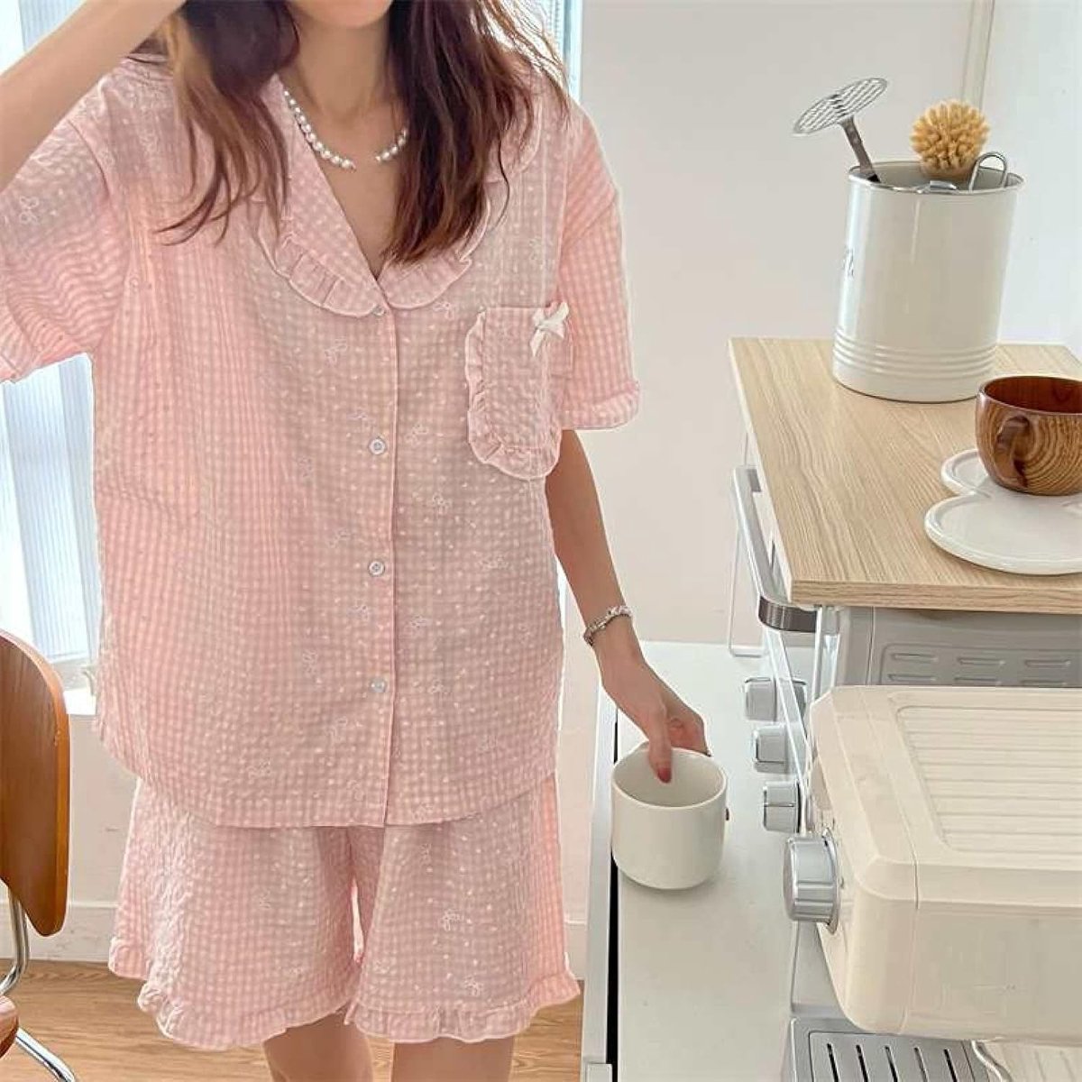 Reverspyjama Set - Zomer Korte Mouw Love Bowknot Nachtkleding Sweet Girl Homewear Set, Modieus V-Hals Vest Sleepshirt Casual Shorts Loungewear Set,Geel,One Size