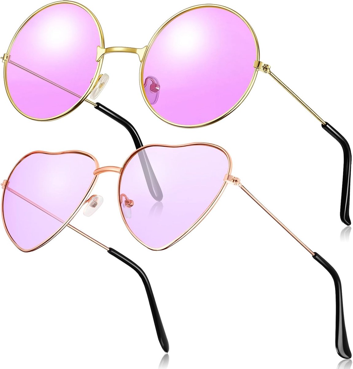 2 Paar Zonnebril Hippies Retro Zonnebril Vintage Ronde Zonnebril Hartvorm Zonnebril voor Kostuum Mannen Vrouwen