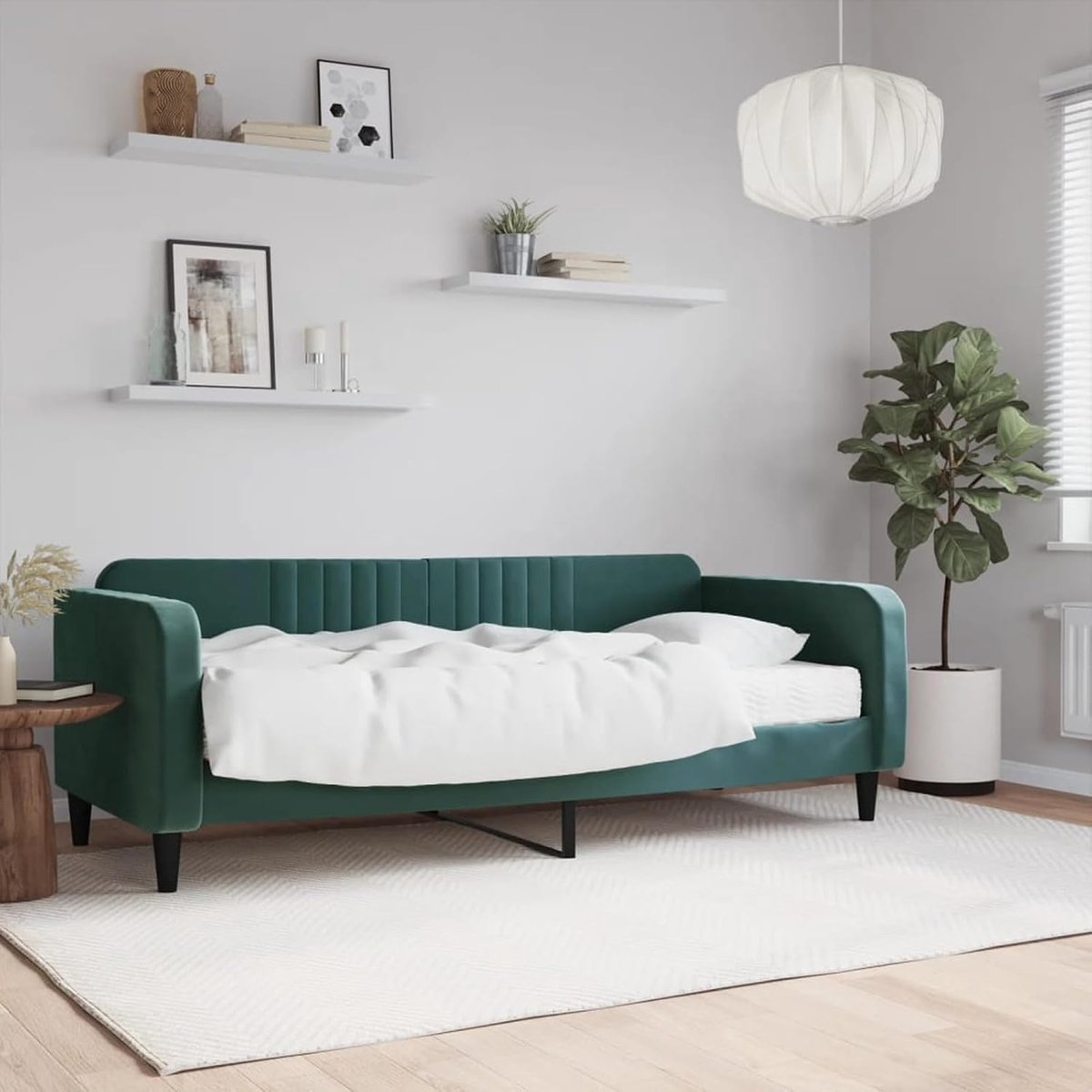 Slaapbank met matras, donkergroen, 90 x 200 cm, van fluweel, 2-zitsbank van hout, intrekbare slaapbank, 2-zitsbank met lattenbodem