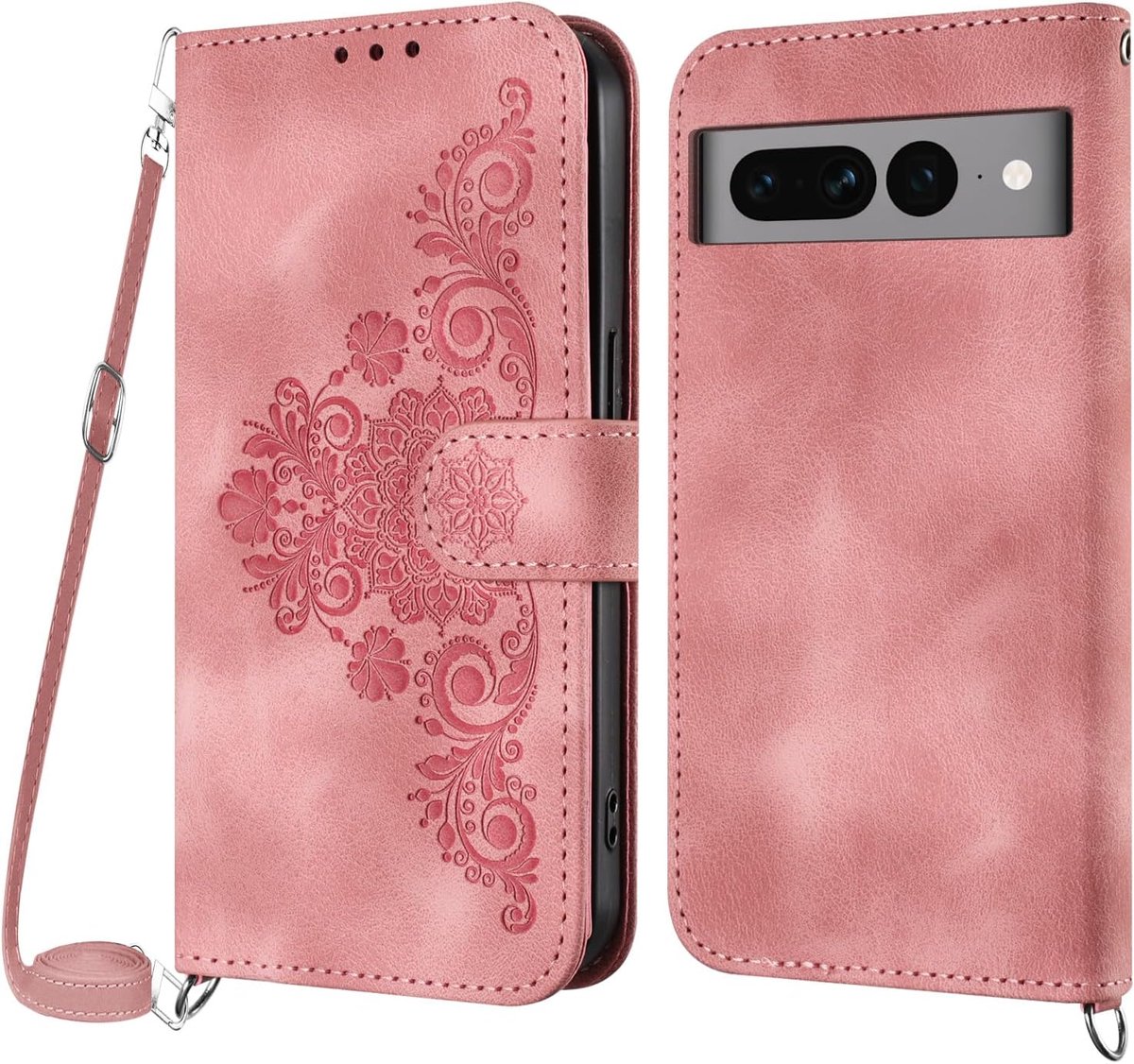 Hoesje voor Google Pixel 7 Pro met koord, Lederen Flip Wallet Telefoon met pasjeshouder Kickstand Magneetsluiting Compatibel met Google Pixel 7 Pro - Roze