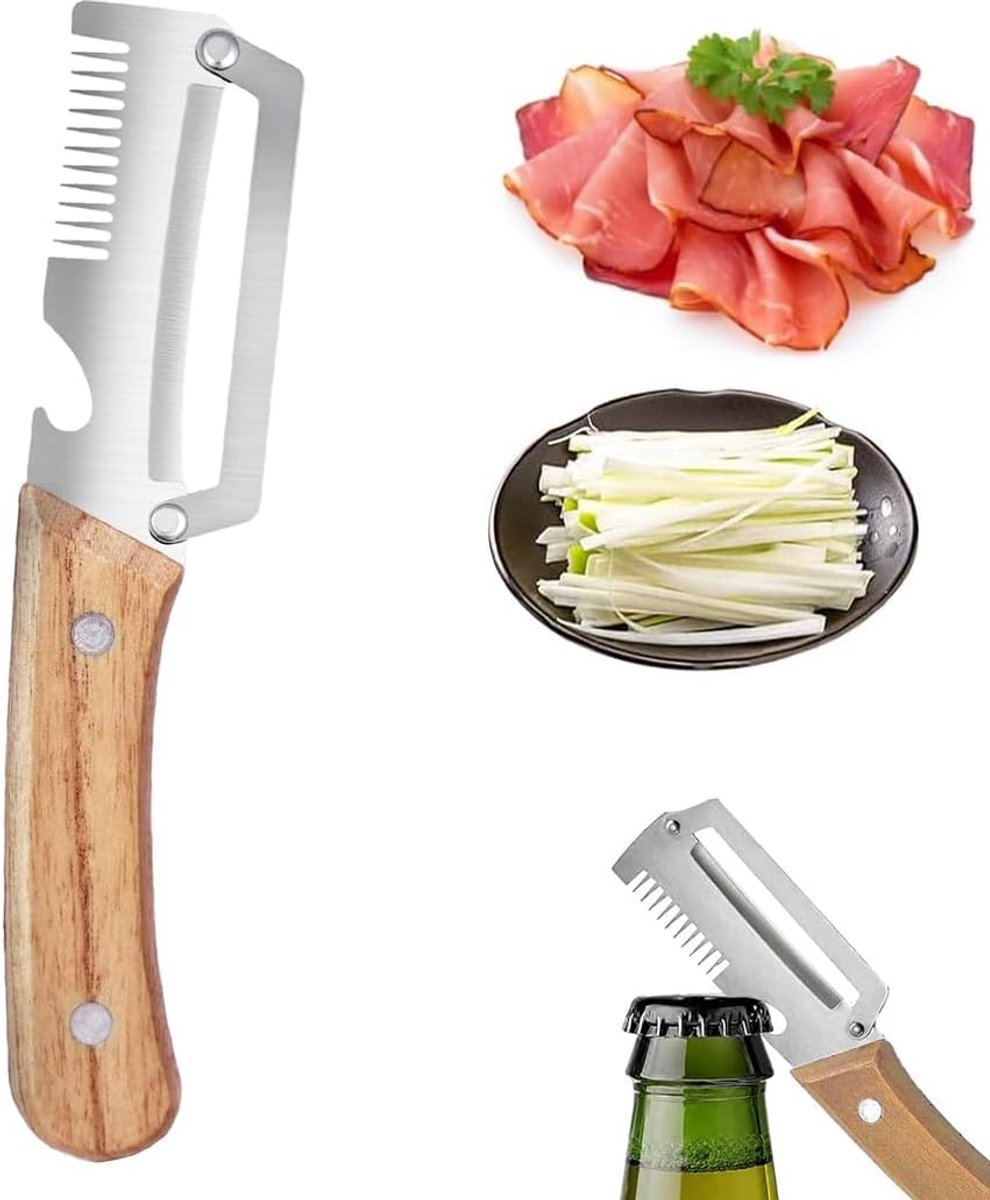 Groenteschiller voor de keuken, 3-in-1 dunschiller met houten handvat, roestvrijstalen lemmet en flesopener, Zero Flex keukenhulp voor groenten en fruit (B)