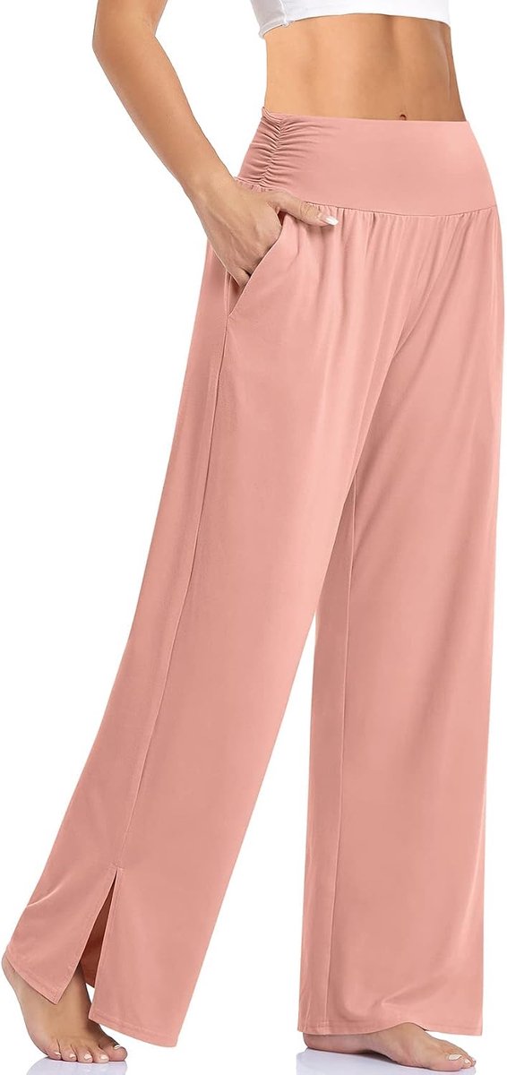 Trainingsbroek voor dames met zakken, joggingbroek, hoge taille, yogabroek, brede pijpen, rechte broek, sportbroek met split