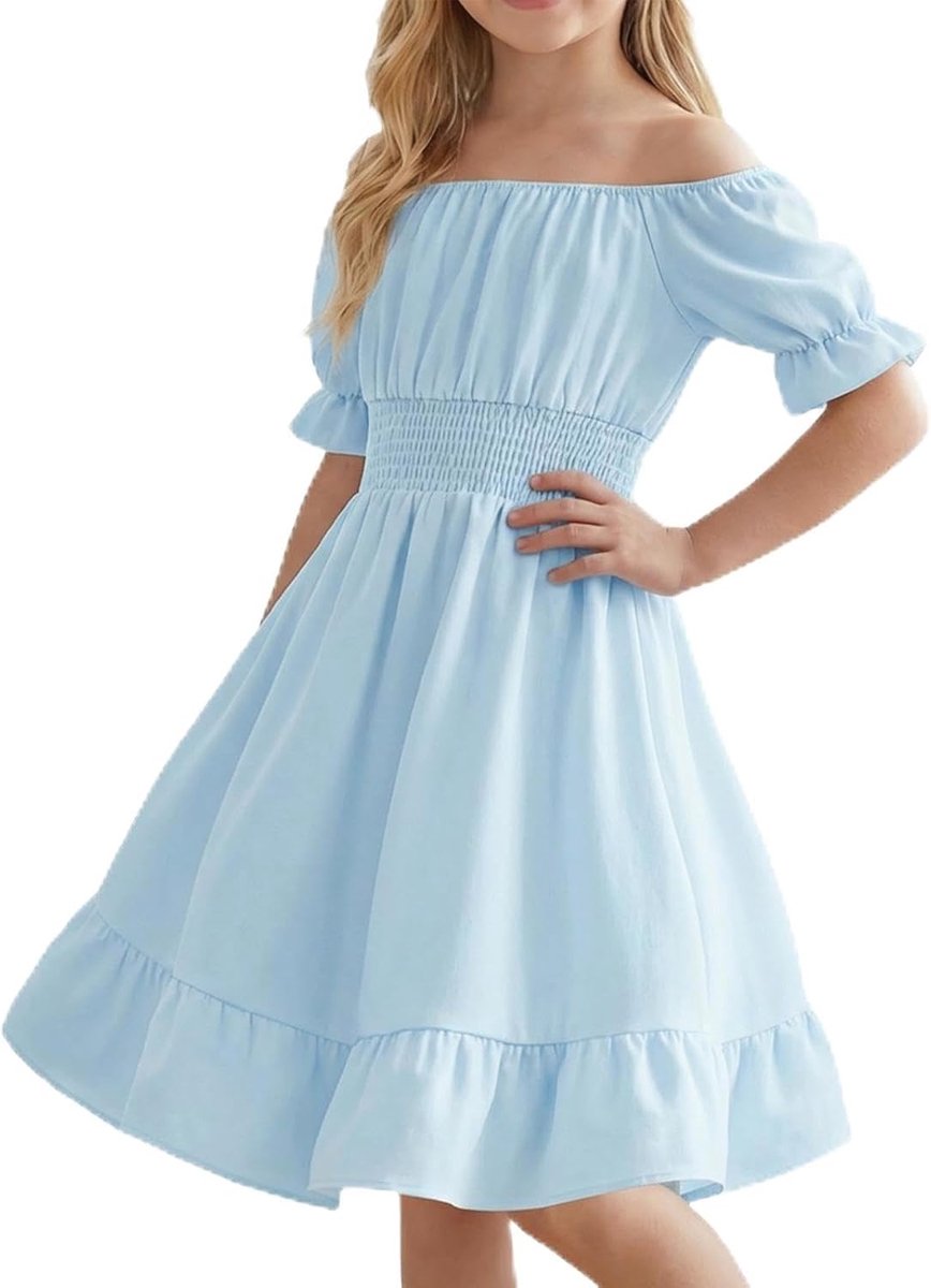 Meisjesjurk met zak off-shoulder korte mouw A-lijn jurken kinderen elegante bruiloft casual kleding voor 5-13 jaar