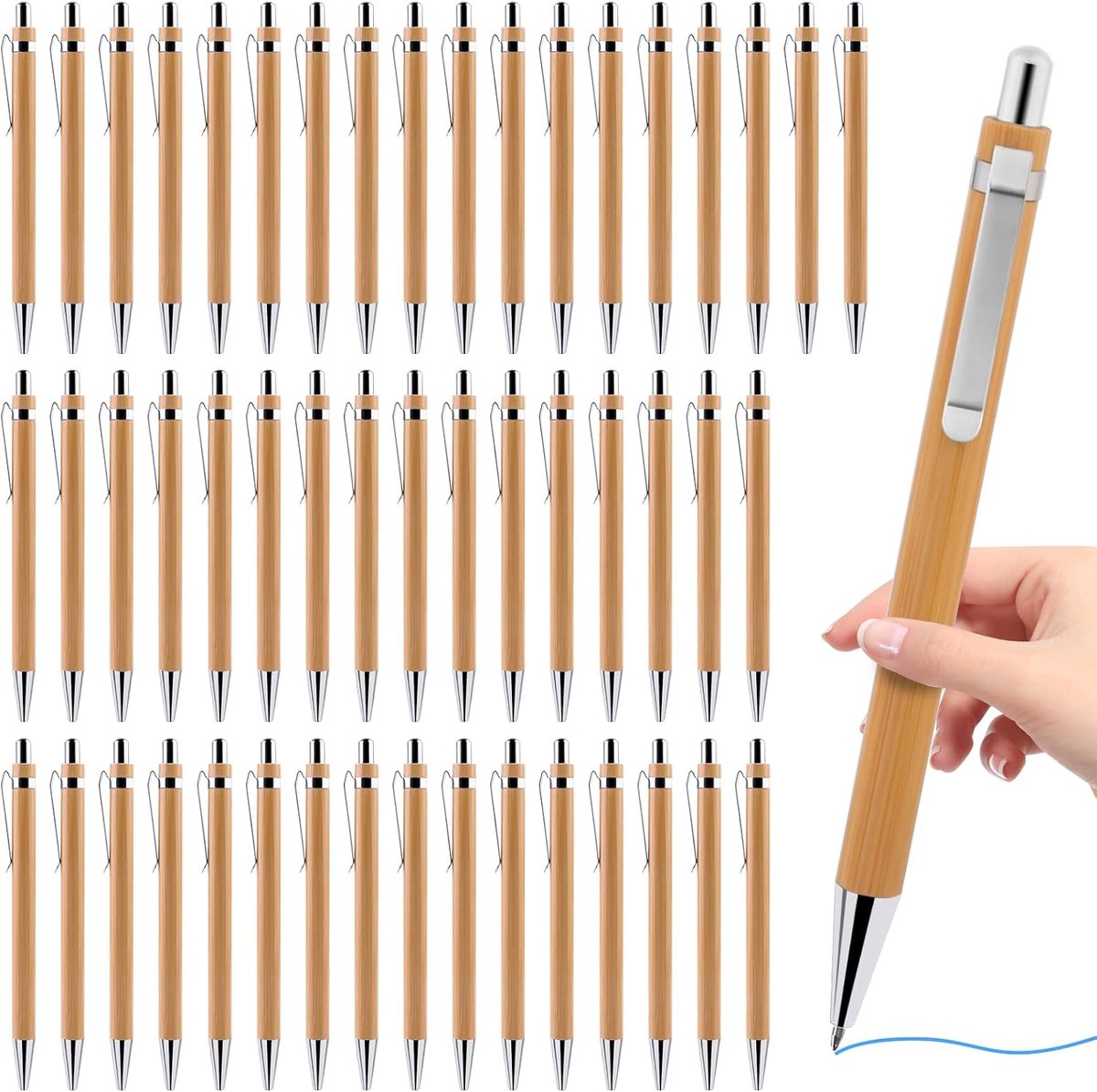 balpen en bamboe balpen, houten schrijfgerei, kantoorbalpen voor dagelijks gebruik, 50 stuks (blauw)