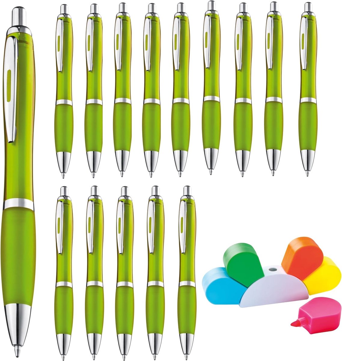 Balpennen met 50 stuks, ergonomische balpennen in trendy kleuren, voor commercieel, gastronomie, huishouden, school, in voordeelset met markeerstiften, inclusief (lichtgroen)