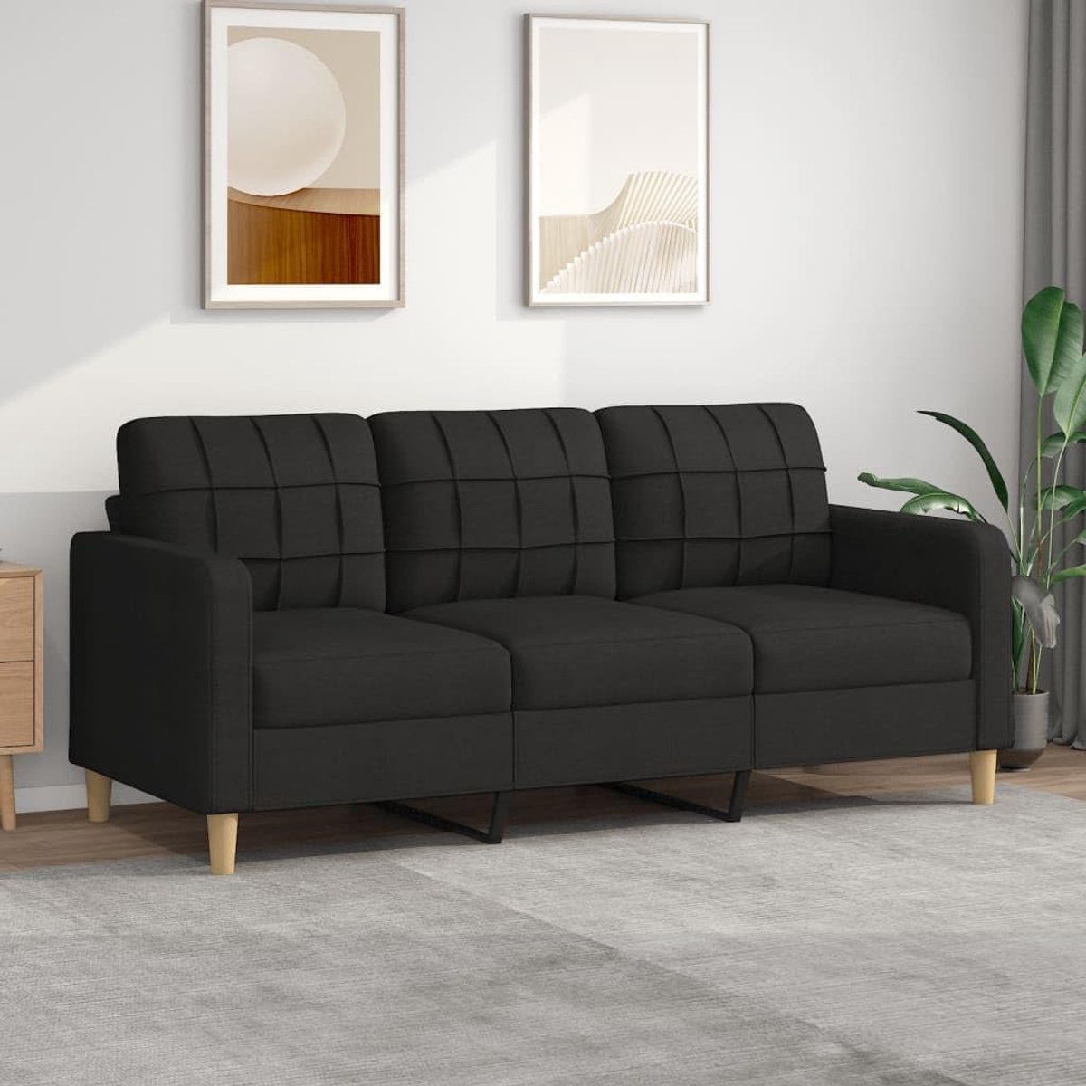 Moderne 3-zitsbank van zwarte stof met kussen, 198 x 77 x 80 cm, voor woonkamer