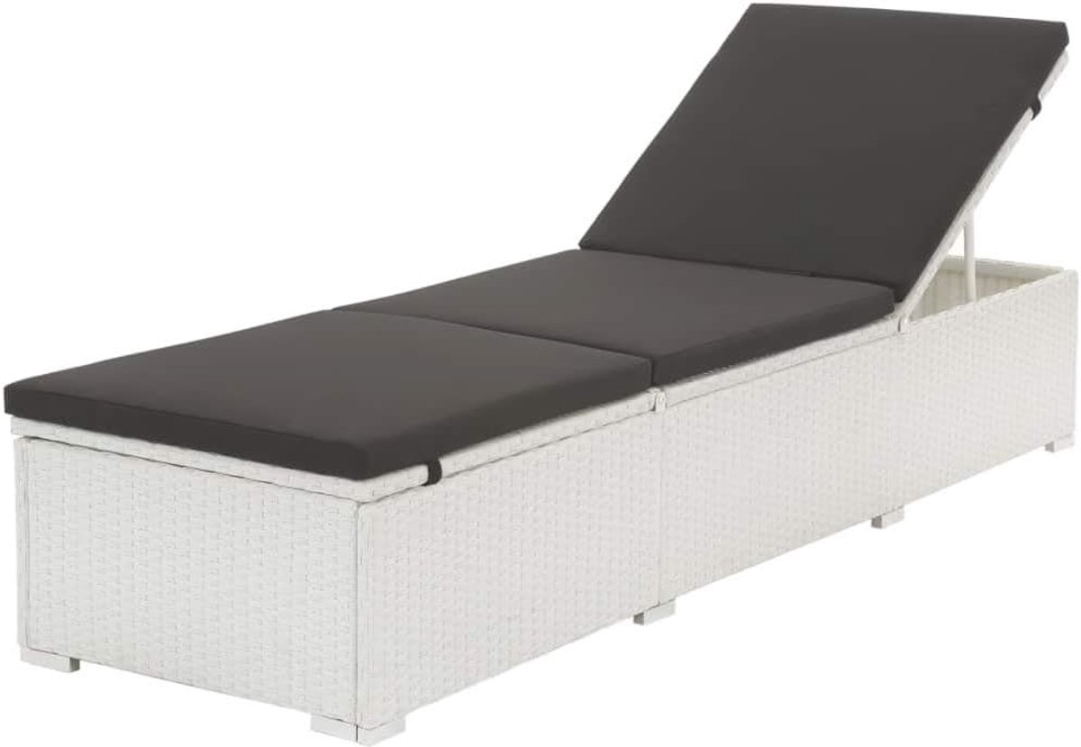 Zonneligstoel met kussen, tuinligstoel, relaxstoel, rotan ligstoel, tuinstoel, ligstoel, aan beide zijden verstelbaar, polyrotan, wit