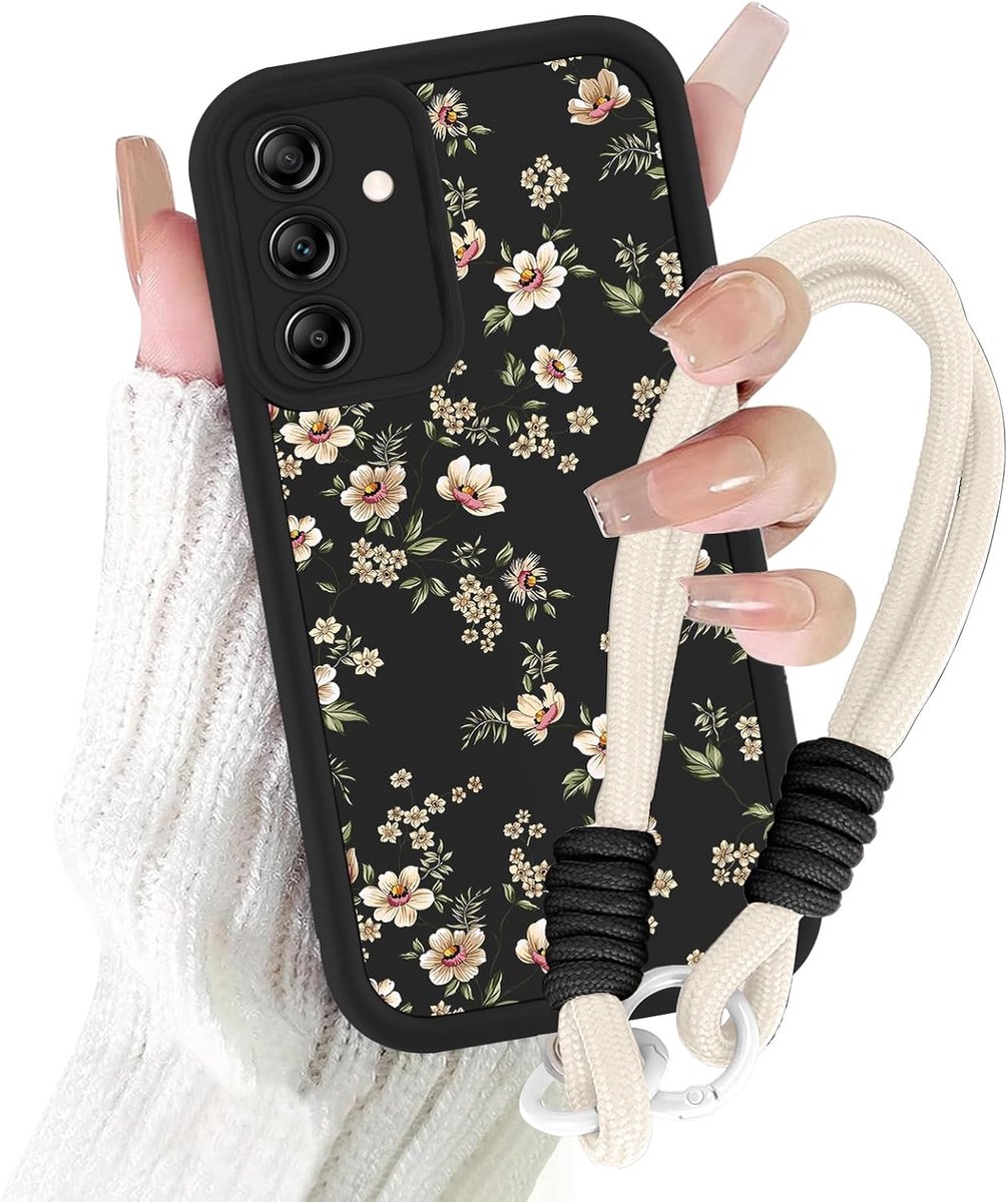 Telefoonhoesje met koord, voor Samsung Galaxy A55 5G, hoes met ketting, esthetische bloemen, zwart patroon, vrouwen en meisjes, met koord, camerabescherming, siliconen beschermhoes, 01