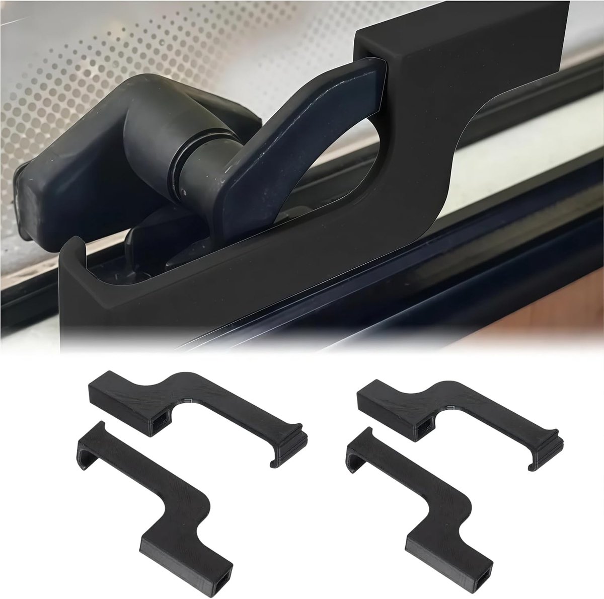 2 sets (4 stuks) raambeveiliging voor campers, 3D-print, diefstalbeveiliging in zwart, zonder boren, linker- en rechterkant, hendelbescherming, accessoires voor caravans en camping