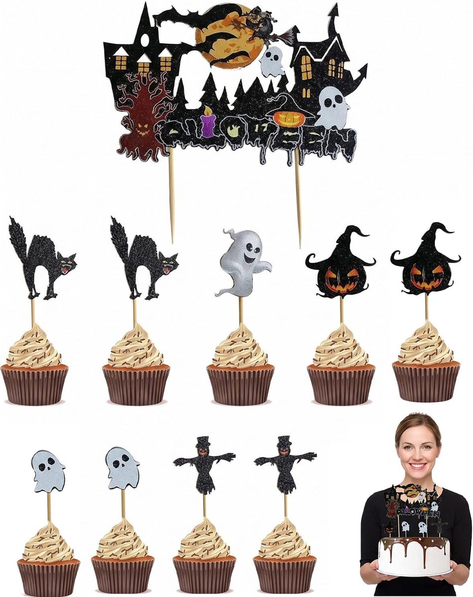 Taartdecoratie, 11 stuks (1 groot, 10 klein), pompoen en skelet, onmiddellijke feestvibes, veilig op cupcakes en muffins