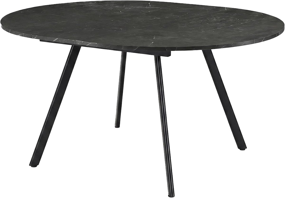Home ronde eettafel TILL, uitschuifbaar Butterfly uitklapbaar inzet 120-150cm voor 4-6 personen, keukentafel houten tafel, eetkamertafel, metalen frame zwart, Marmer look, 11210-FS-MSCH