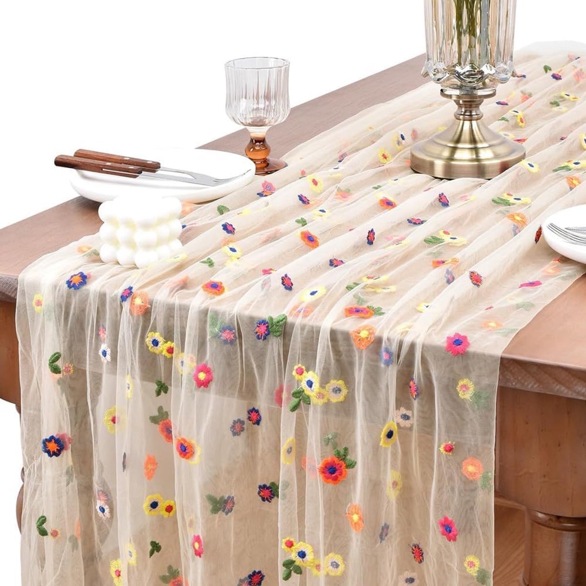 3 Stuks Tafelloper Daisies Bloemen Tulle Borduursel Elegant Tafelloper Voor Eettafel Feestdecoratie (Beige)