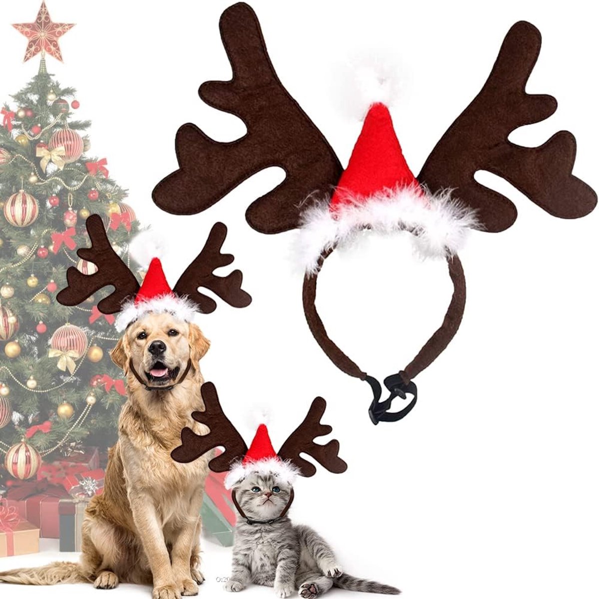 Kersthoofdband voor huisdieren, hond, kat, rendier, gewei, kerstkostuum, eland, hoofddeksel, verstelbare hoofdtooi, haarband met kerstmuts, kerstkostuum, outfit voor honden en katten, cadeau
