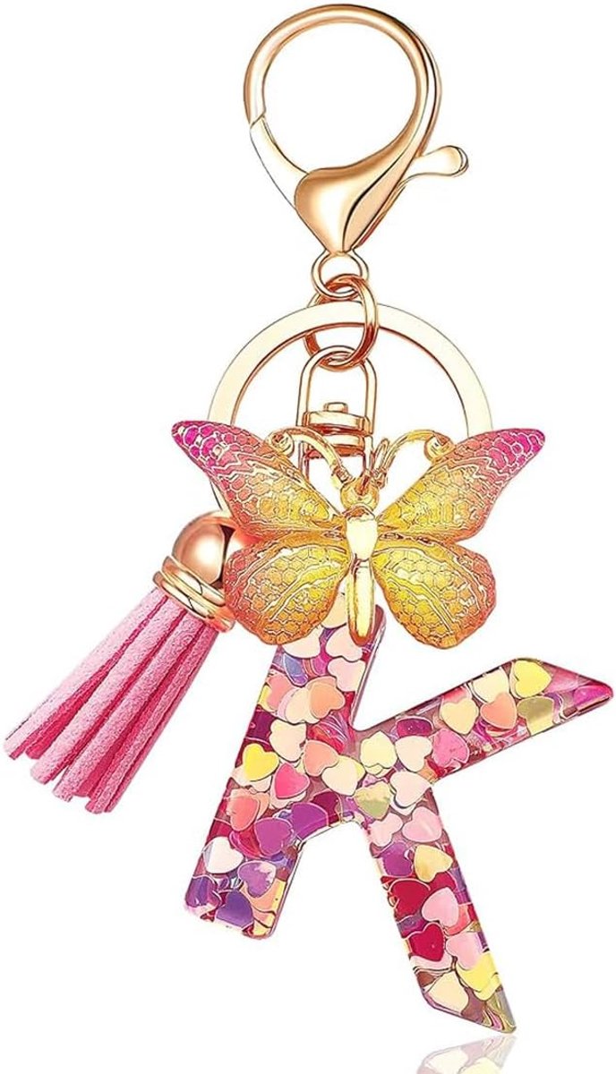 Sleutelhanger voor meisjes, sleutelhanger, vlinder, roze met beginletters, goud, sleutelringen, hartvormig, hars, sleutelhanger, gepersonaliseerd sleutelhanger, cadeau