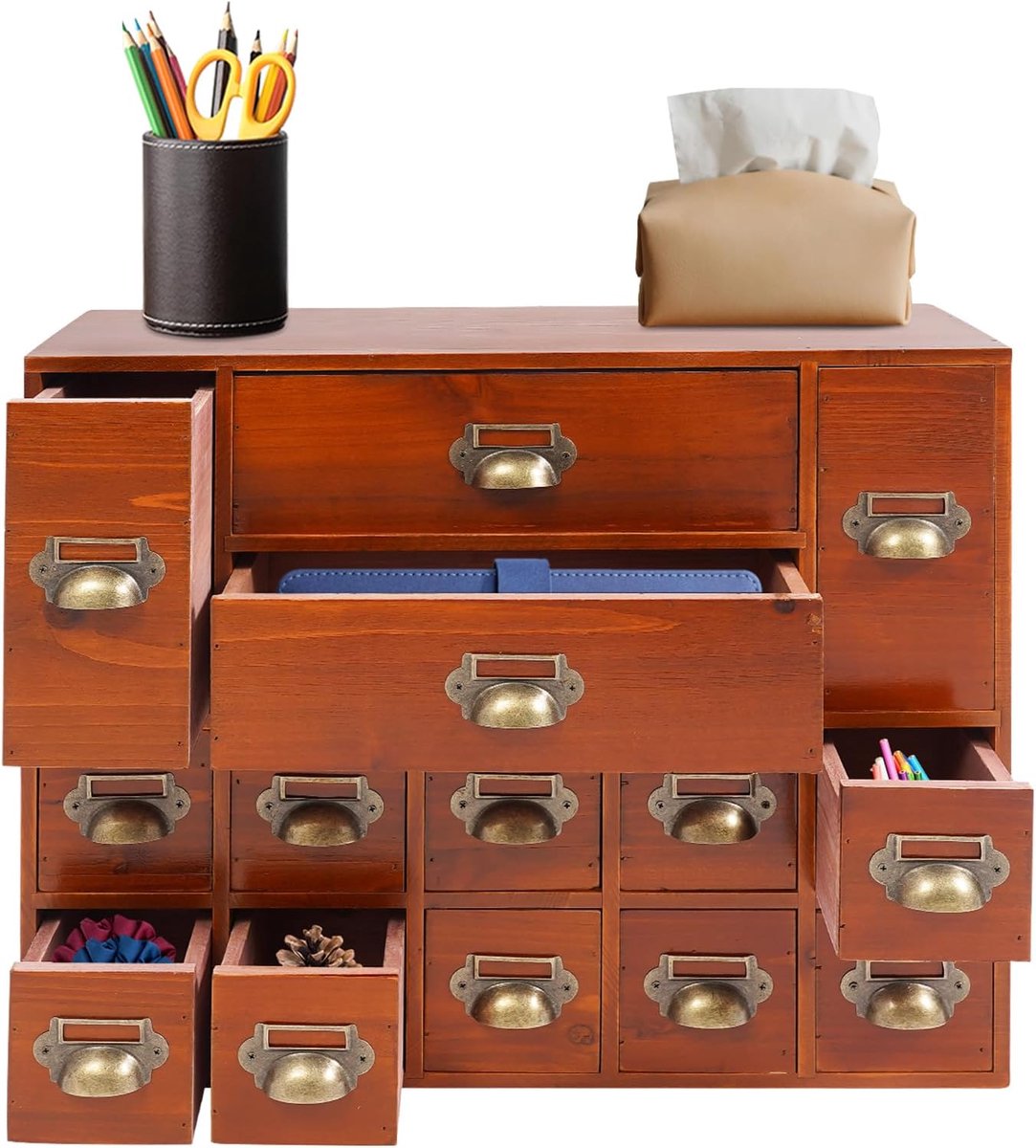 Houten ladekast, eenvoudige vierlaagse 14-sleuven opbergbox, retro-stijl kleine desktop organiserende kast, keuken en woonkamer opslag