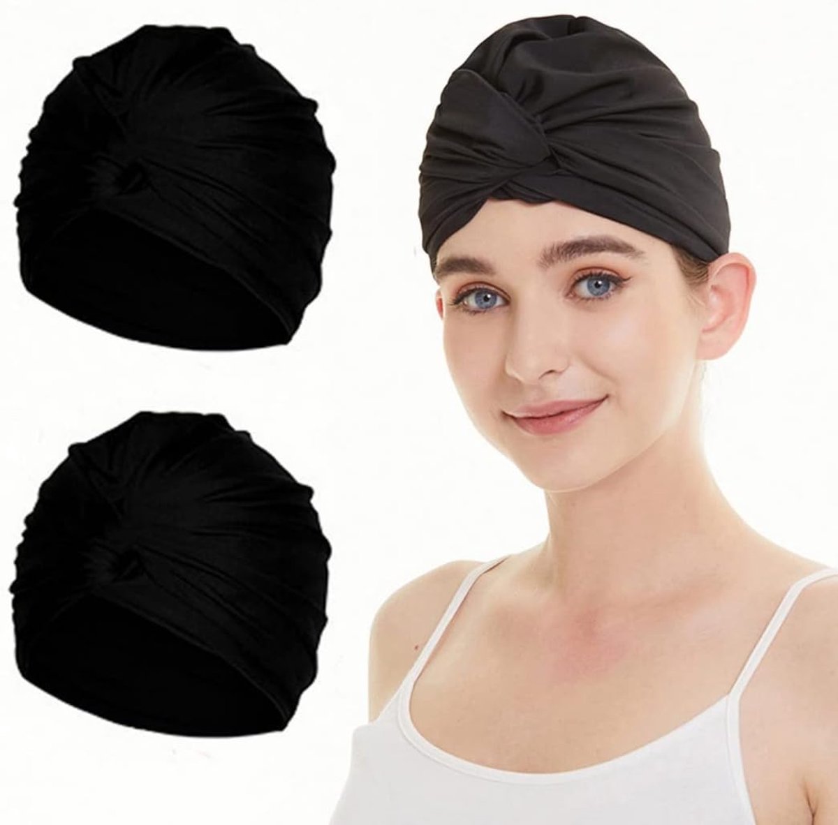 2 stuks damesbadmuts, tulband, oorbescherming, antislip, zwemmuts, retro badmuts, meisjesbadmuts, elastische zwemmuts, zomerzwemmuts voor lang en kort haar, zwart