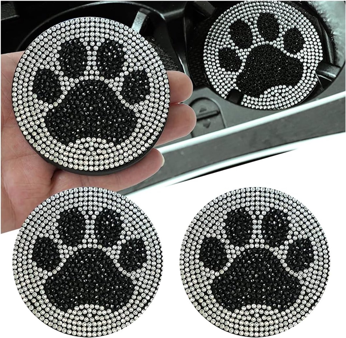 2 stuks universele autoonderzetters, strass-mat, bekerhouder, kristallen strass, auto-accessoires, interieur, bekermat met kattenpoot (zwart)