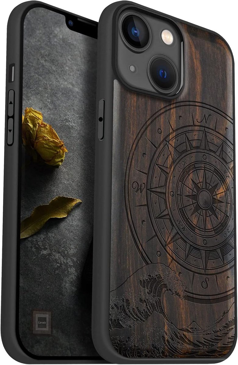 Case for iPhone 14 Hoesje Compatible MagSafe Protective Cover Wood Hybrid TPU Bumper For Apple 14 Magnetic Cases Design Wooden (Het kompas van grote golven Vegvisir-Donker hout)