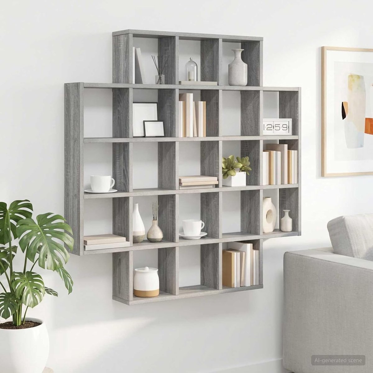 Wandrek Sonoma-grijs, hangrek van houtmateriaal met modern design, 100 x 13 x 100 cm, voor woonkamer, slaapkamer, kantoor of hal voor ruimtebesparende opslag en decoratie