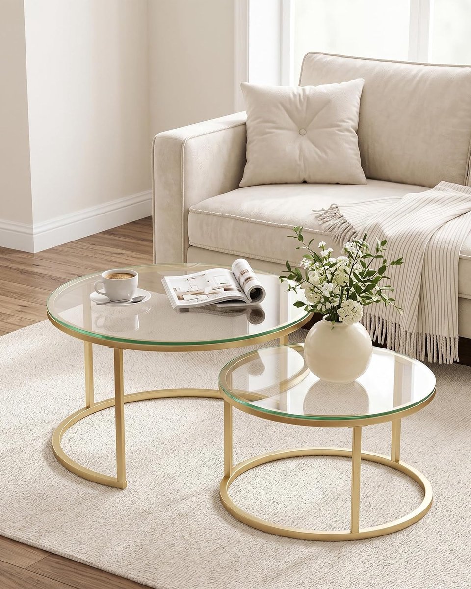 Salontafel van glas, set van 2, salontafel, goudkleurig, woonkamertafel met transparant glas en goudkleurig metalen frame, moderne salontafel, waterdicht, voor binnen en buiten, diameter 80 en
