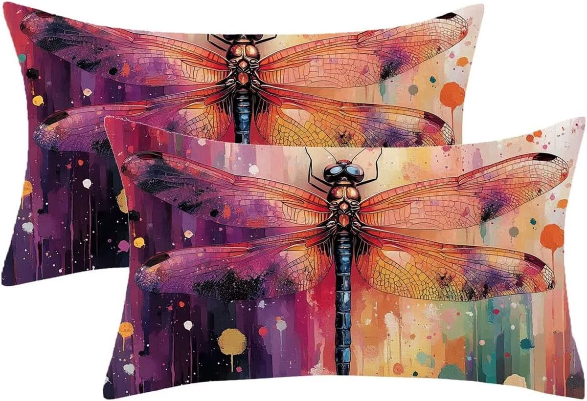 927 Set van 2 stuks, kleurrijke kussensloop, libelle-patroon met onzichtbare ritssluiting, dubbelzijdig fluweel, lentedecoratief kussen voor bank, slaapkamer, woonkamer, cadeau voor vrouwen