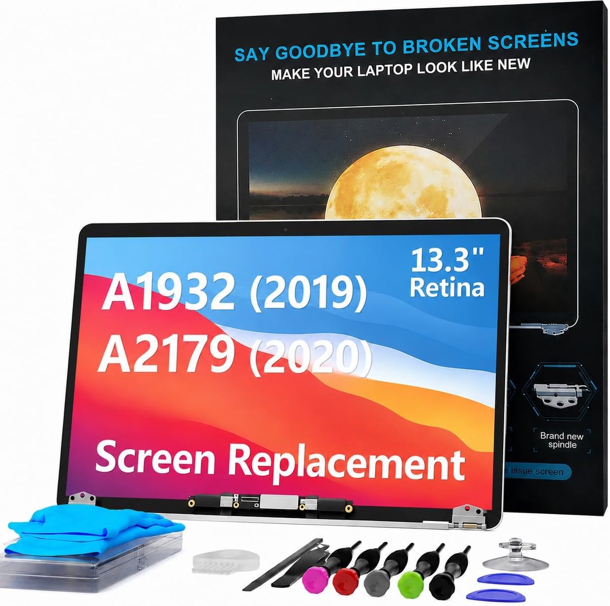 33,8 cm (13,3 inch) A1932 2019 / A2179 2020 MacBook Air Retina-scherm (model: EMC 3302, EMC 3184, MVFH2, MVFJ2, MWTJ2, MWH22), LCD-display, complete montageset (zilver)