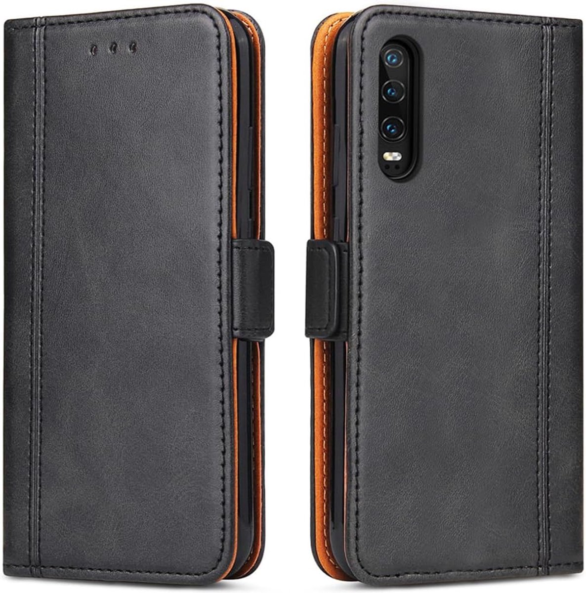 Hoes voor mobiele telefoon voor Huawei P30, premium lederen klaphoes, mobiele telefoon, lederen hoes, beschermhoes met standfunctie, kaartenvak en kaartsleuven, zwart
