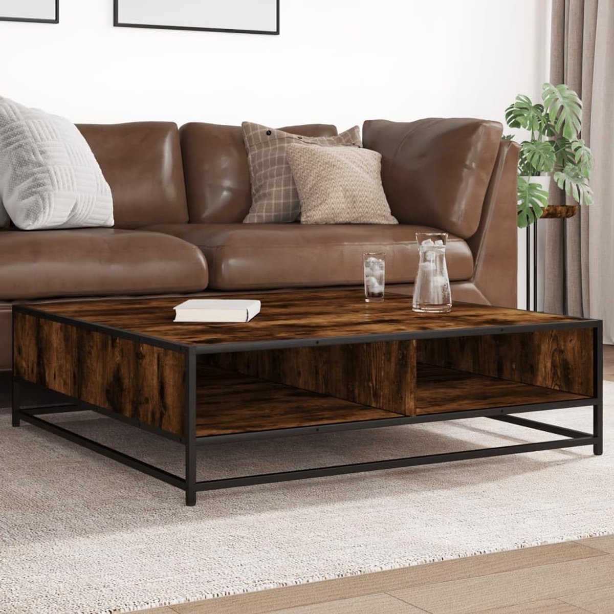 Hout industrieel metaal Fratini smoked oak black 100x100x30 cm