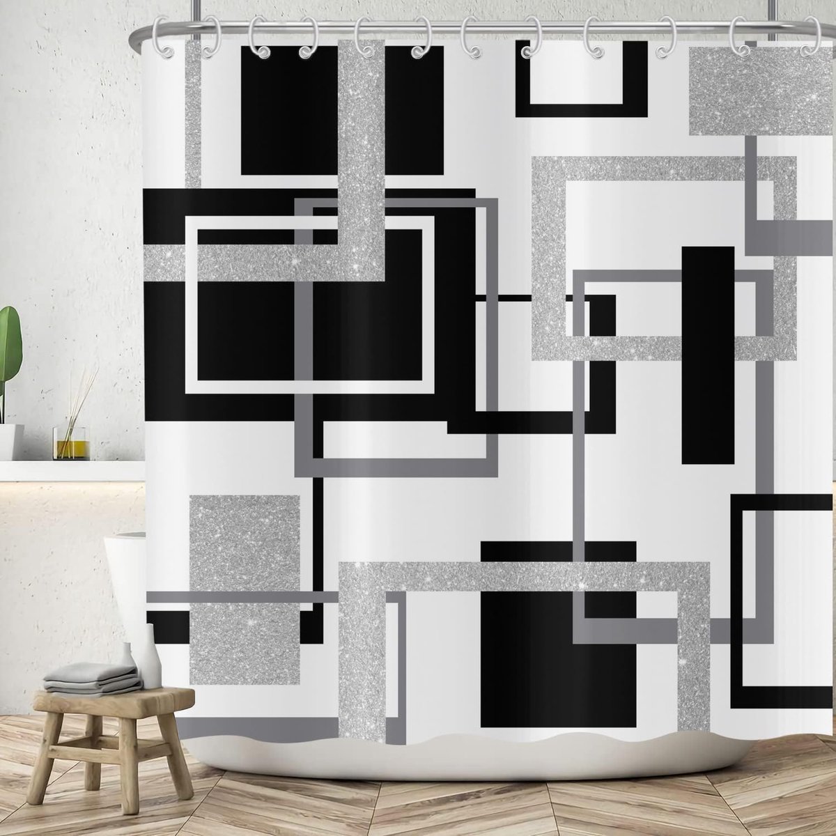 Douchegordijn, 180 x 180 cm, modern, zwart/grijs, zilver, onregelmatig geometrisch patroon, badkamer, wasbaar, douchegordijnen, polyester textiel, waterdicht, badgordijn voor bad, met