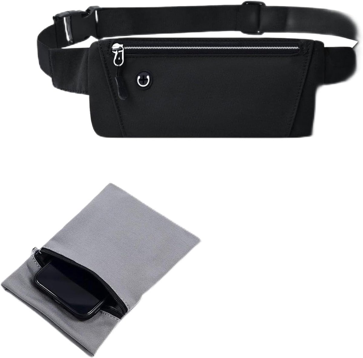 waterdicht voor dames en heren – 2-delige set met zwarte sport heupriem en grijze armband – verstelbaar elastisch design – ademend en lichtgewicht voor joggen, wandelen, fitness