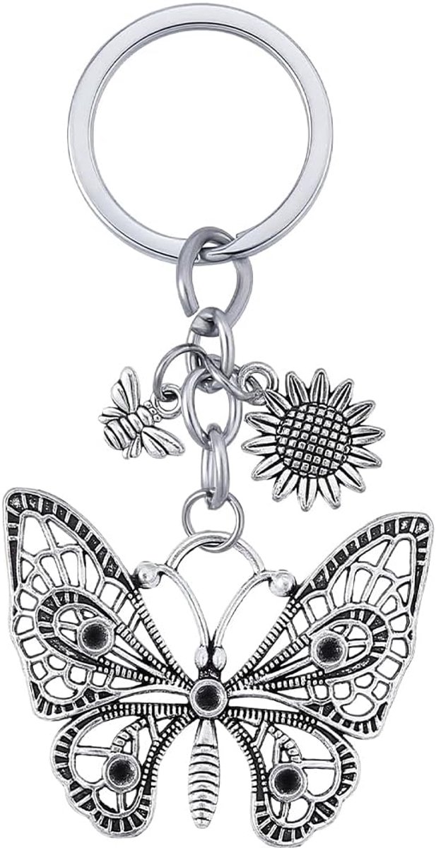 Vlinder sleutelhanger bloemen zilver