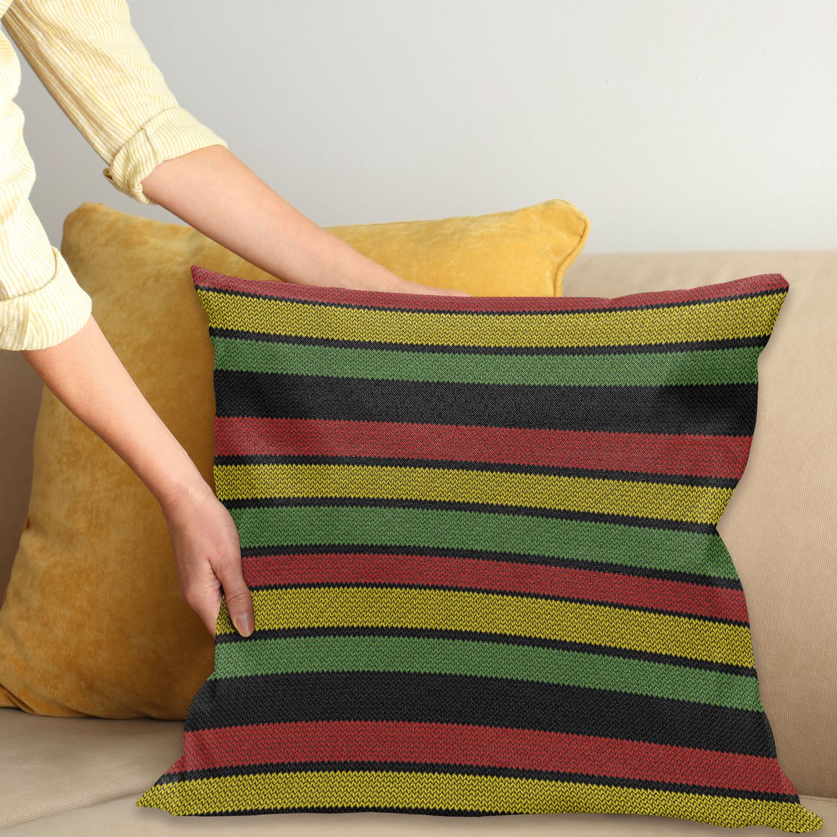 ABAKUHAUS jamaikanisch Kussenhoes, Gestrickte Rasta Lijnen, Kussenhoes zonder Binnenkussen, met Ritssluiting, Dubbelzijdige Print, Wasbaar, 40 x 40 cm, Meerkleurig