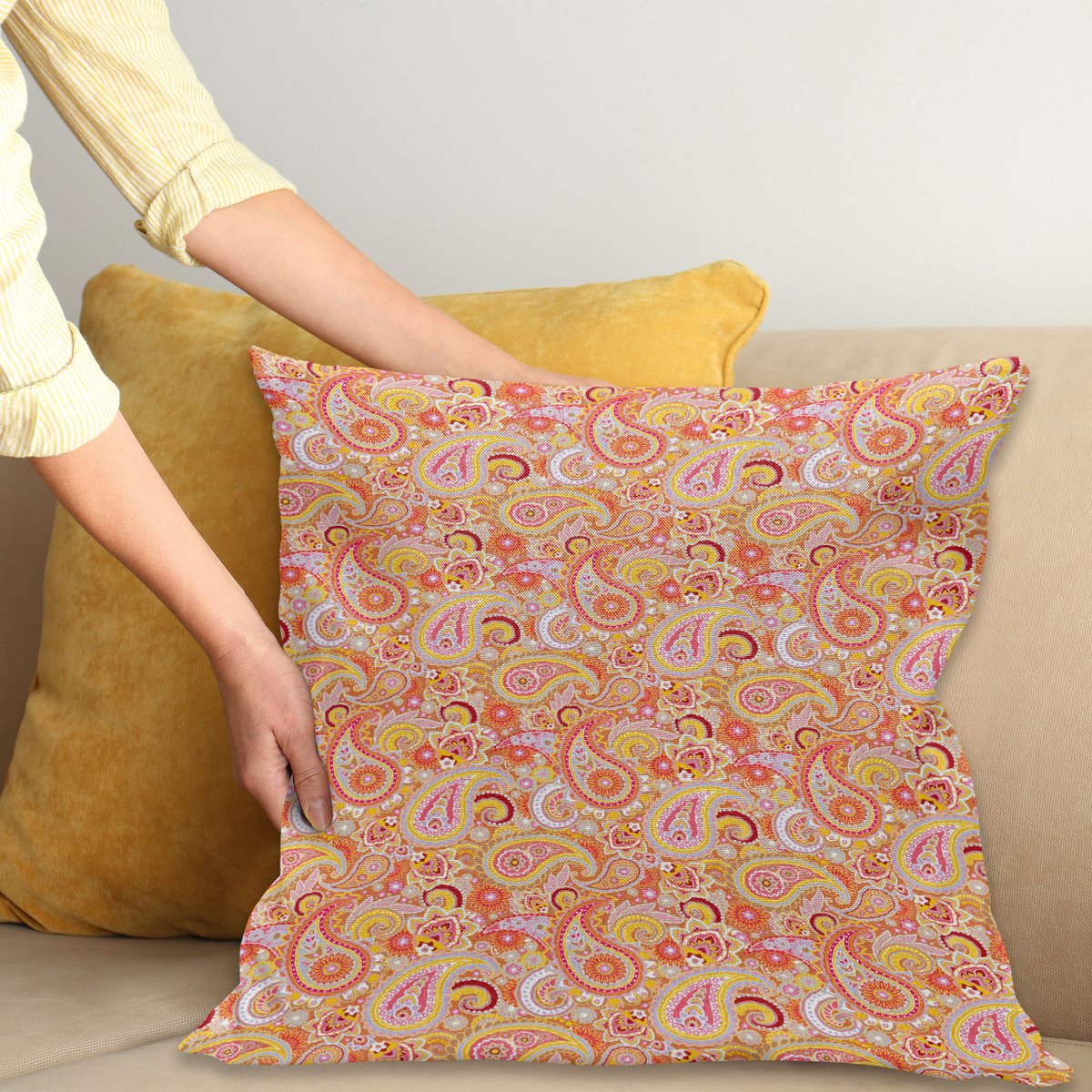 ABAKUHAUS Oranje Kussenhoes, Paisley, Water- en Vuilafstotende Stof met Digitale Print voor Binnen en Buiten, 40 x 40 cm, Meerkleurig